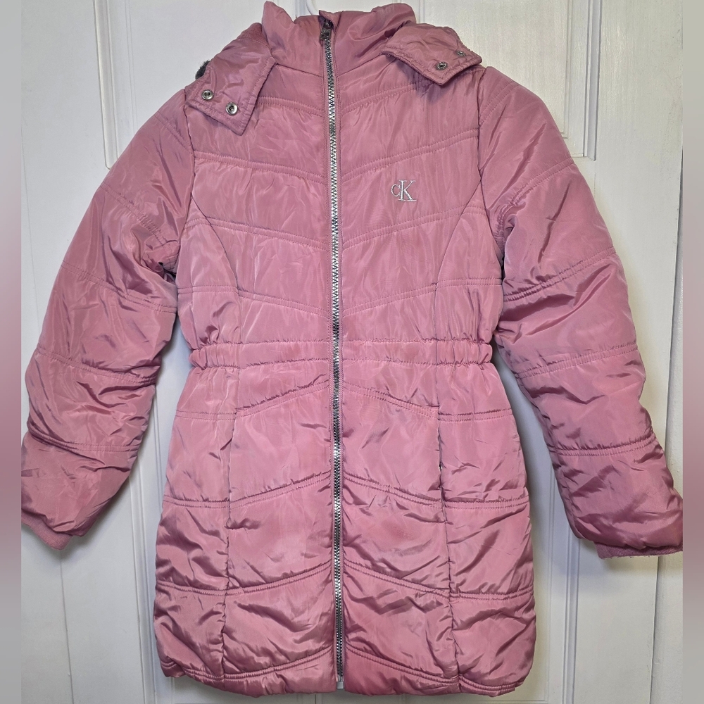 Calvin Klein Kids Faux Fur Trimed Hooded Puffer Jacket Coat- Sz Sm 7 Pink